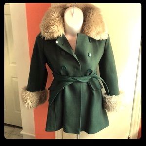 vintage green wool Penny Lane coat faux fur trim